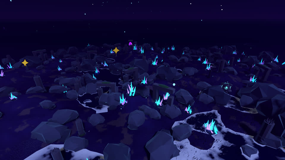 La Cumbre de Cristal de noche, llena de cristales azules entre las rocas