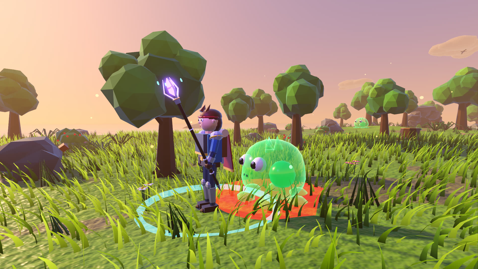 El personaje con el bastón arcano frente a un slime en la pradera al atardecer